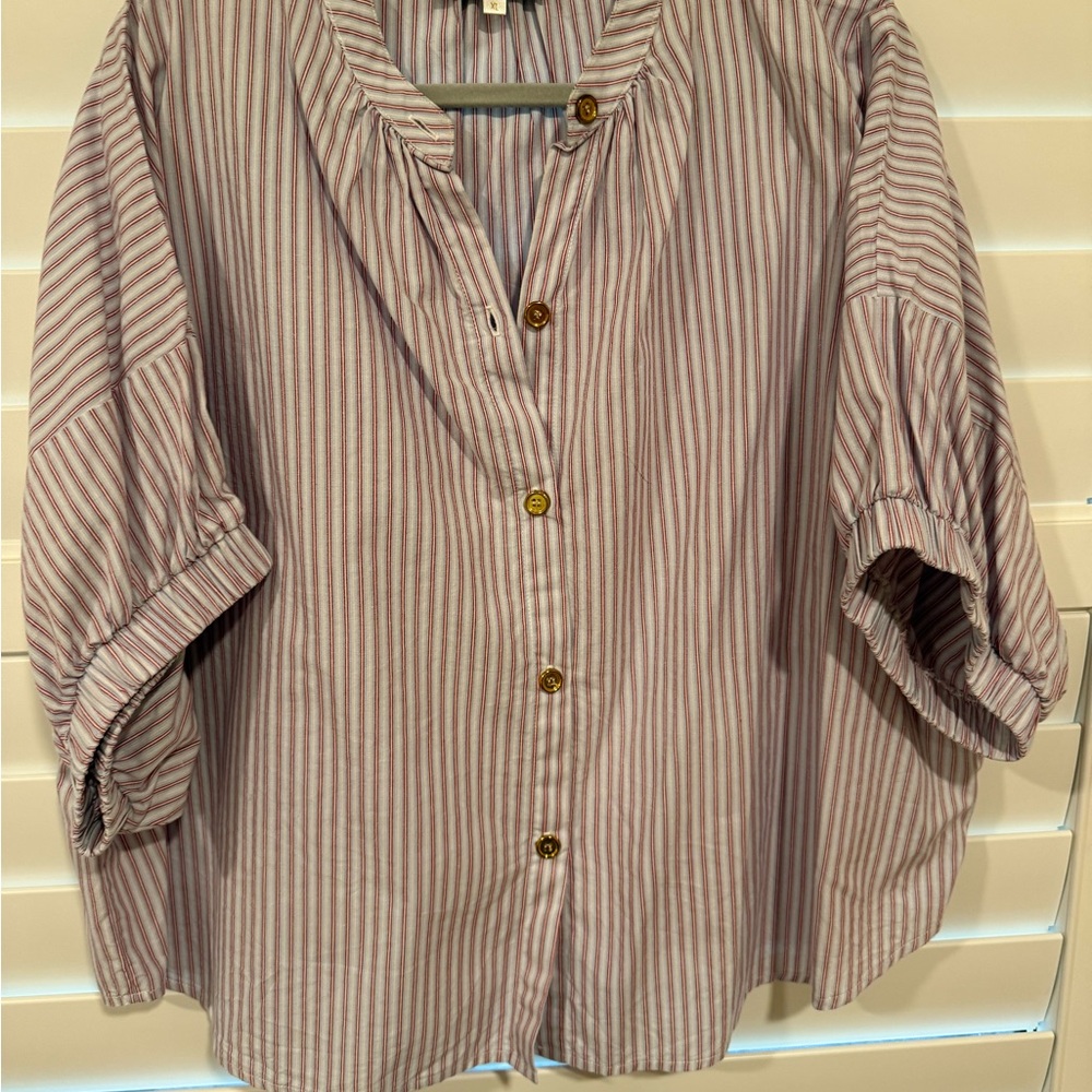 Never a Wallflower Striped Blouse with gold Button Detail.